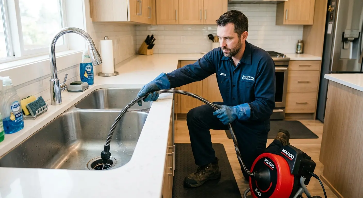 Drain cleaning technician using a motorized snake on a kitchen sink in Winchester