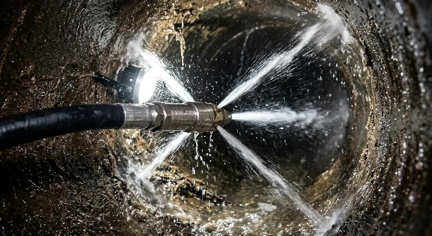 High-pressure hydro jetting nozzle cleaning sewer pipe for Emergency Drain Service in Winchester