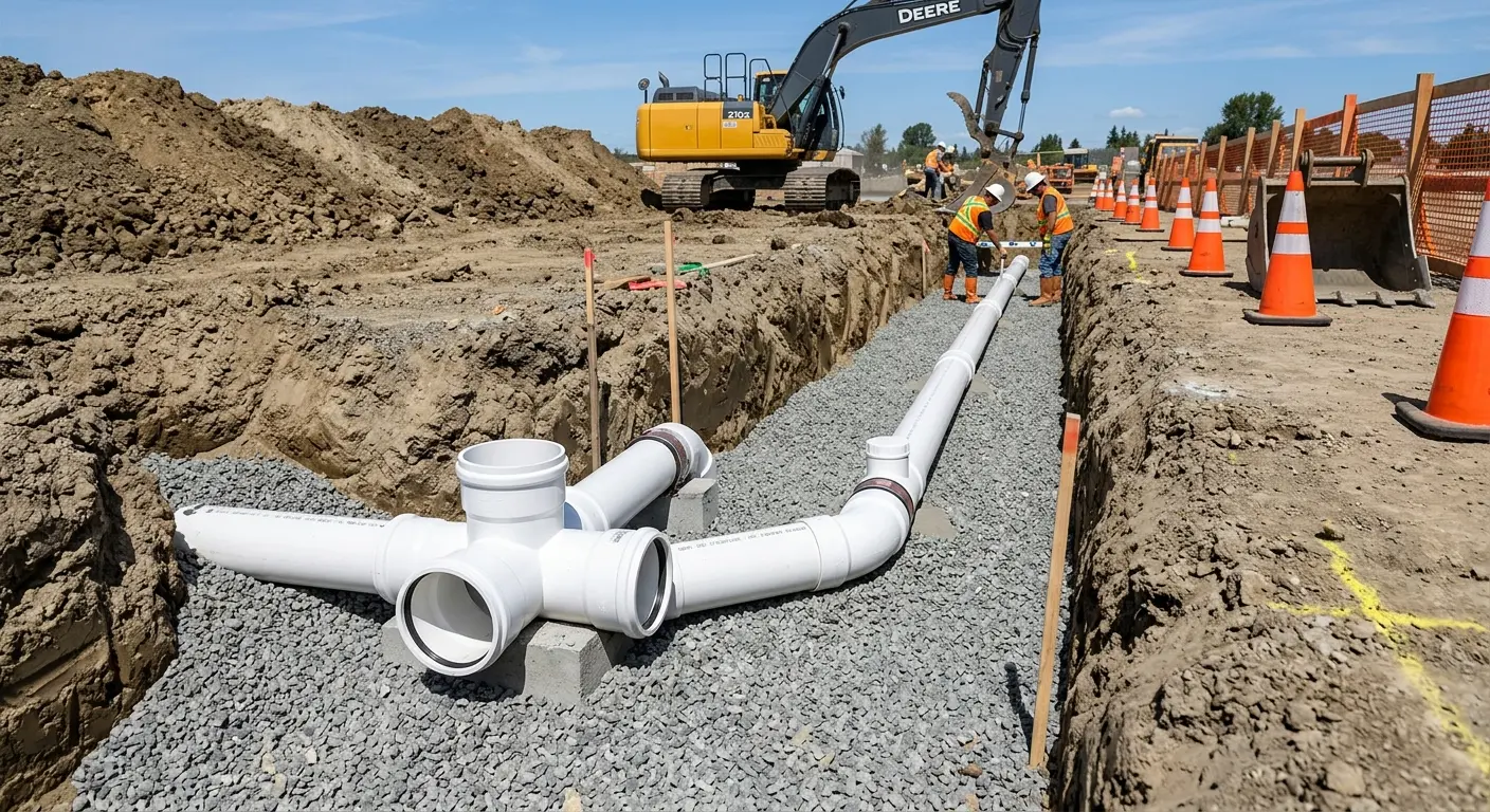 New PVC sewer pipe installation in open trench for Sewer Backup in Winchester